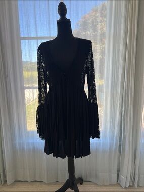 Free People Black Lace Bell-Sleeve Mini Dress